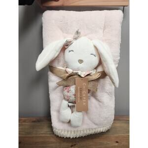 Chick Pea Pink Bunny Floral Rabbit Animal Plush Baby Blanket Set Ribbed Trim New